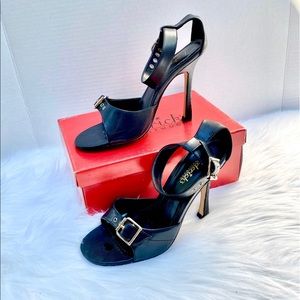 Fredericks of Hollywood black buckle strap heels